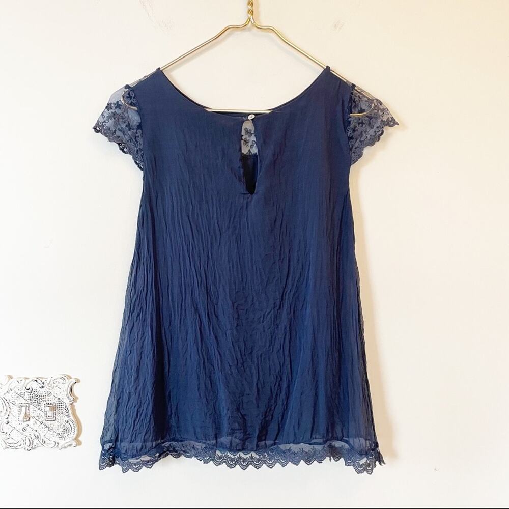 Carla Conti Silk Embroidered Lace Navy Top S - Picture 5 of 6